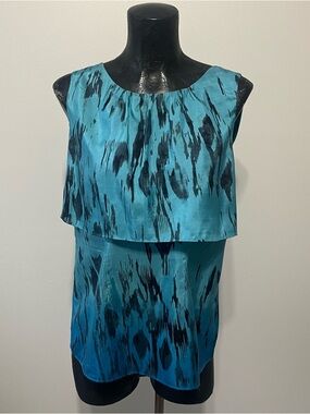 CAbi Teal and Black Abstract Silk Tank